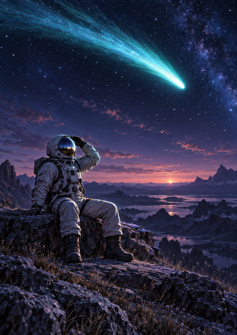 A suited astronaut seated on a rocky ledge raises a hand to a reflective helmet beneath a bright comet trail over a twilight lake.