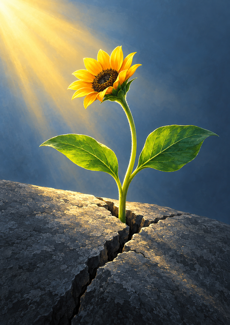 A yellow sunflower with broad green leaves grows from a crack in gray stone beneath a diagonal golden beam of light.