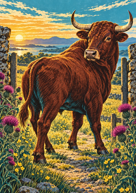 Chestnut bull standing on a stone-lined path amid magenta thistles and yellow flowers, with a sunset landscape behind it.