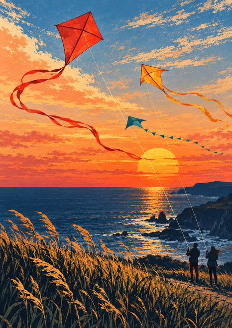 Three red, saffron, and teal kites fly above a coastal sunset as two figures stand among grasses.
