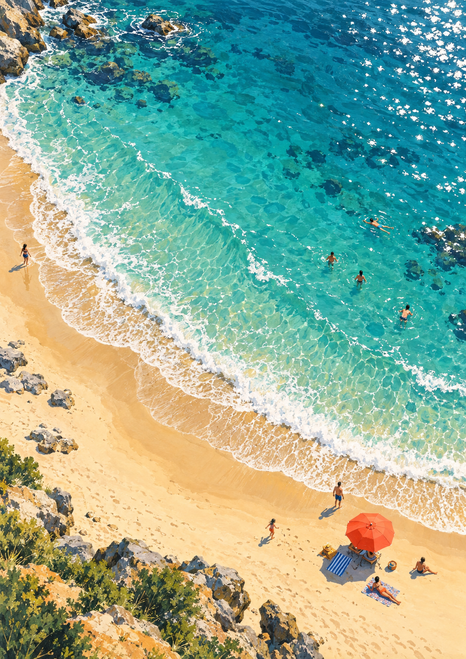 A high-angle view of turquoise sea washing onto golden sand, with a curling foam line, tiny beachgoers and a coral-red parasol.