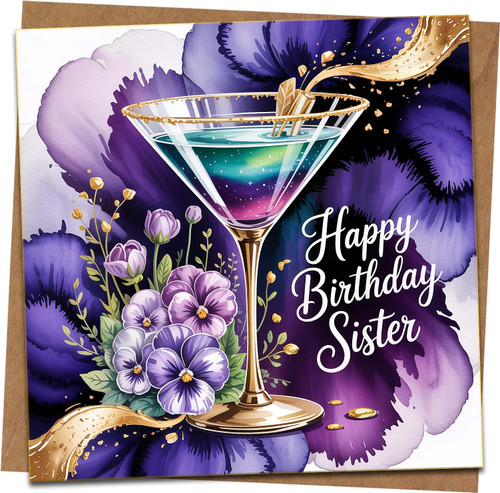 Happy Birthday Sister Card – Cocktail Glass & Purple Floral Design – 145mm Square Greeting Card with Kraft Envelope – Luxury Elegant Sister Birthday Card
