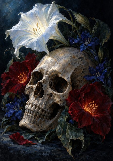 Weathered human skull nestled among red and deep-blue flowers beneath a large white bloom on a dark indigo background.