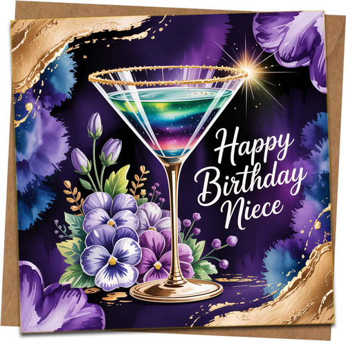 Happy Birthday Niece Card – Cocktail Glass & Purple Floral Square Greeting, 145mm x 145mm, Elegant Birthday Card for Niece with Kraft Envelope