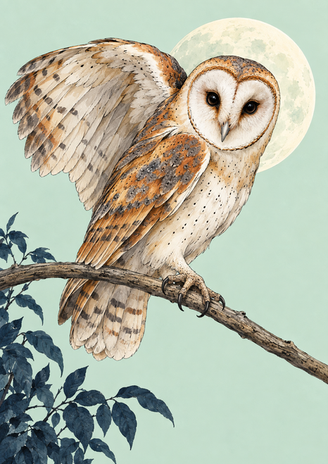 A front-facing barn owl with one wing spread perches on a bowed branch, with a pale moon and dark leaves behind it.