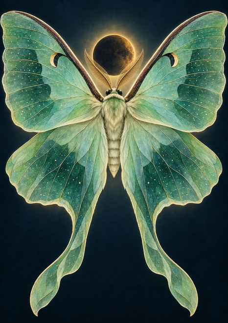 A front-facing jade-green moth with long trailing wing tails beneath a dark moon with a narrow golden rim.