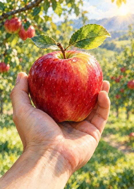 A red apple with a dew bead and two green leaves is held in an open hand against a softly blurred orchard background.