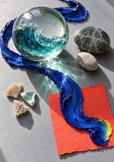 Transparent glass sphere containing a turquoise wave-like scene, encircled by thick blue paint beside stones, shell fragments, and coral paper.