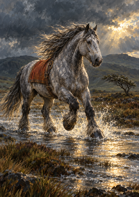 A gray horse with a streaming mane and rust-colored back covering trots through shallow water on a moor beneath storm clouds and golden light.
