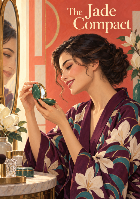 An adult woman in a patterned plum robe opens a green compact at a dressing table beside an oval mirror, with cream title lettering above her.