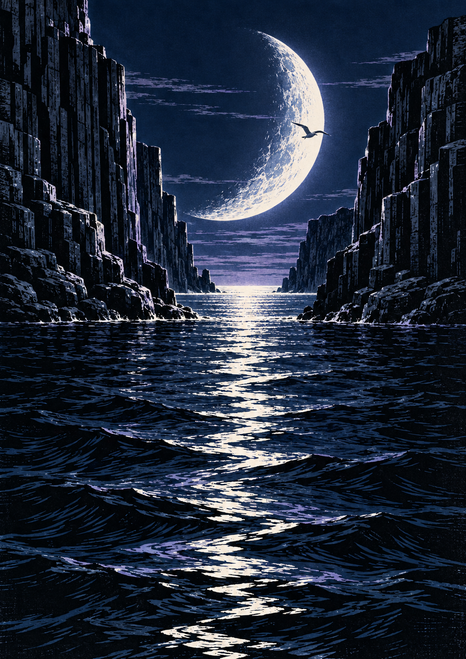 A crescent moon and small bird above a silver water reflection between dark columnar cliffs.