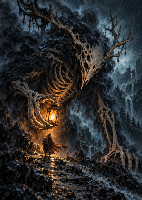 A towering antlered skeletal giant bends over a cloaked traveler holding a glowing lantern on a rocky path amid dark storm clouds and mist.