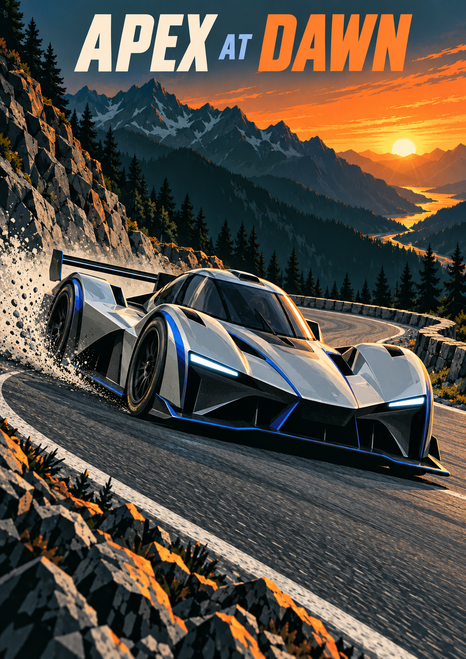 Silver-and-blue prototype car kicking up gravel on a mountain road at sunrise beneath the words Apex at Dawn.