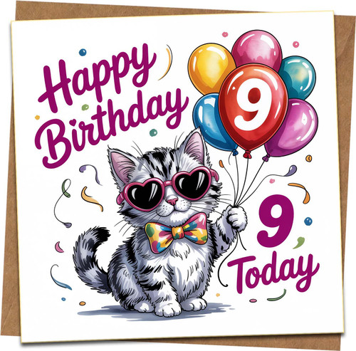9th Birthday Card for Kids – Cute Cat with Balloons, Happy Birthday 9 Today – 145mm x 145mm Square Greeting Card with Kraft Envelope