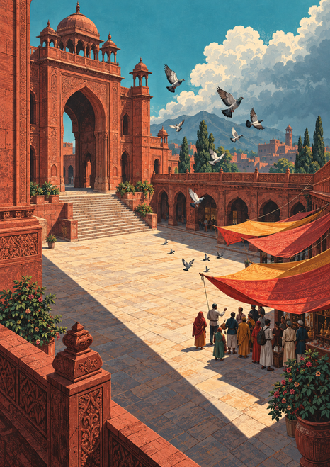 Red-stone courtyard with an ornate arched pavilion, colorful awnings, circling pigeons and visitors beneath a turquoise sky.