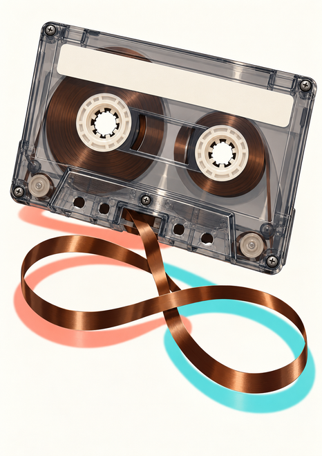 Transparent smoky-gray cassette with two reel hubs and copper-brown tape looping outward over a warm-white background with coral and turquoise shadows.