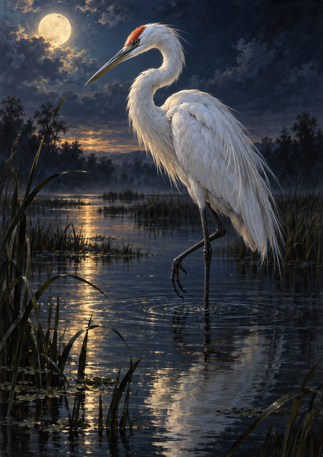 White heron with a curved neck and raised leg wading among marsh ripples beneath a bright moon, with reeds and a warm horizon reflection.