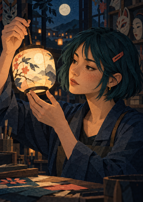 An adult woman with a teal bob studies a glowing decorated paper lantern in a moonlit workshop.