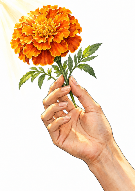 Orange marigold with green leaves held by a hand against a white background with warm light.