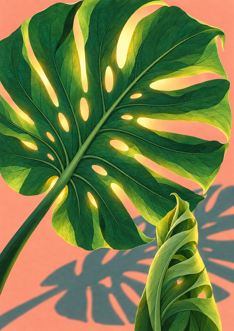 Oversized emerald monstera leaf backlit with golden openings and a curled young leaf against coral ground.