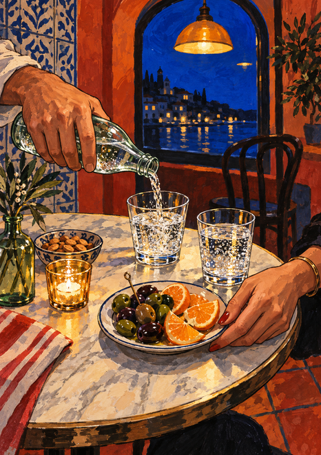 A hand pours sparkling water at a round café table beside olives, orange slices, glasses, and a candle, with a blue night view through an arch.