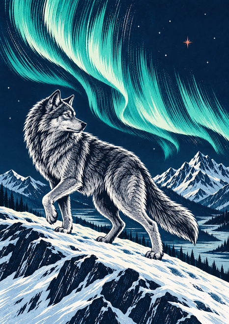 A grey wolf strides on a snowy ridge beneath turquoise northern lights, pointed mountain peaks, and a small coral star.