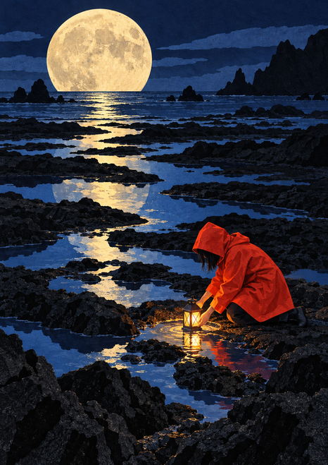Hooded figure in a red-orange coat kneeling beside a glowing lantern among moonlit tide pools.