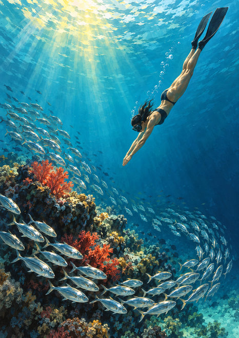 Masked free diver with paired fins descending toward silver fish and an orange-red coral outcrop in sunlit blue water.