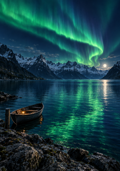 Green aurora reflected in a dark mountain lake, with snow-dusted peaks and a small lantern-lit rowboat at the rocky shore.
