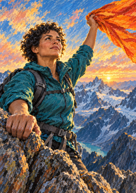 Woman climber in a teal jacket gripping an alpine rock and raising an orange scarf above a sunlit mountain valley.