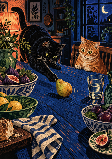 A black cat reaches toward a pear on a cobalt table while a ginger cat watches in a moonlit kitchen.