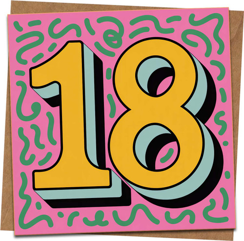 18th Birthday Card – Bold Retro Number Design, Pink and Yellow – 145mm x 145mm Greeting Card with Kraft Envelope – Fun Teen Milestone Card for Him or Her
