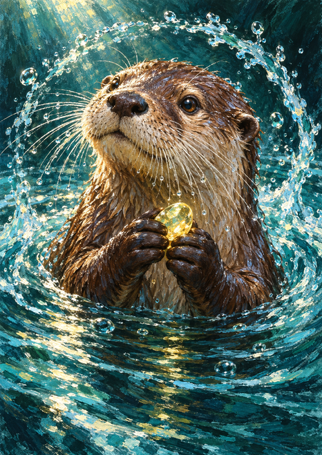 A brown river otter holds a glowing yellow-green pebble between its forepaws as it rises through a circular splash in dark teal water.