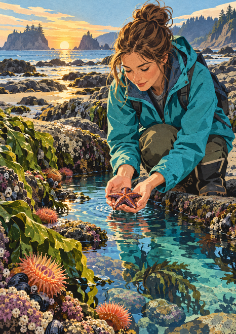 An adult woman in a teal jacket kneels beside a coastal tide pool, holding a small orange-purple sea star as anemones and sunset water surround her.