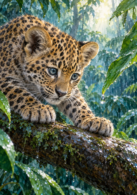Young spotted leopard cub crouching on a wet branch and looking toward a droplet hanging from a leaf amid dense green foliage.