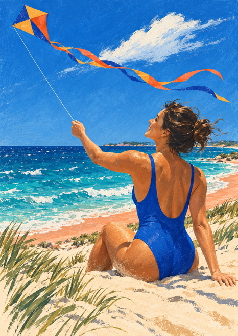 Adult woman seated on a sandy beach looking up at a colorful diamond kite against a bright sky over the sea.