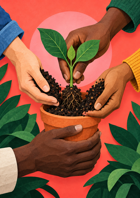 Four adult hands of varied skin tones gather soil around a leafy seedling and terracotta pot against a coral background.
