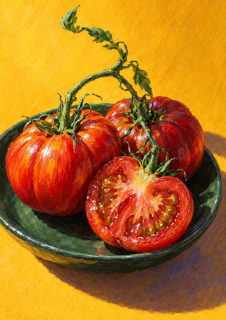 Three red tomatoes, one cut open to show its seed chambers, rest on a dark green dish against a yellow-orange background.