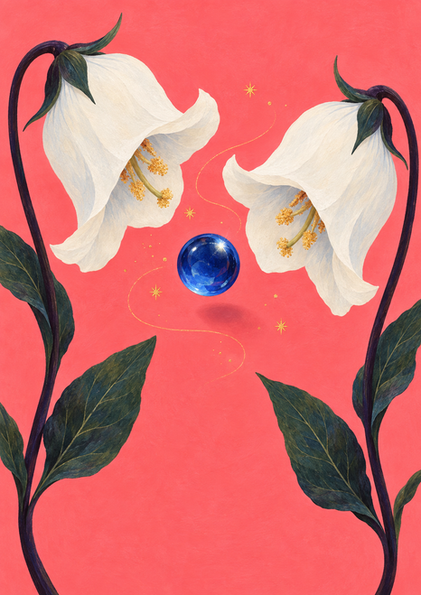Two oversized white bellflowers face a hovering cobalt-blue bead against a coral-pink background, with dark stems, leaves and gold marks.