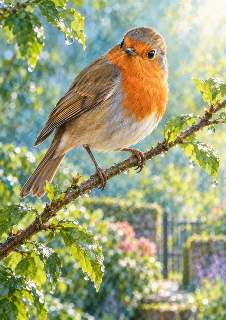 Orange-breasted robin perched on a diagonal rain-beaded twig among green leaves, droplets, and small pink flowers.