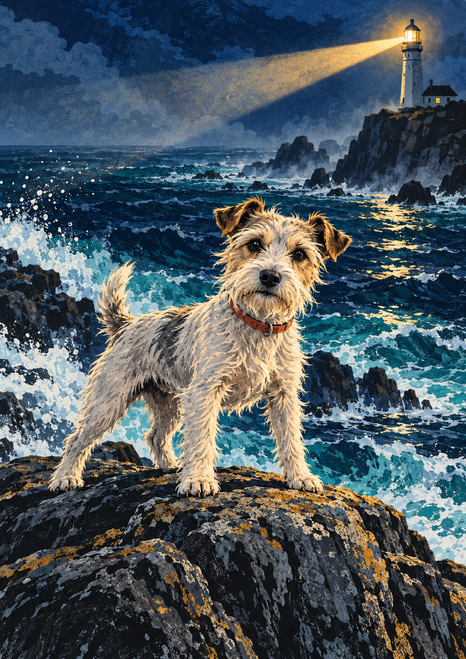 Cream-and-gray wiry terrier wearing a red collar stands on a dark coastal rock before rough waves and a distant lighthouse beam.