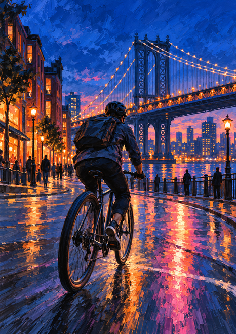 Rear-view cyclist riding on a wet waterfront street toward an illuminated suspension bridge at twilight, with buildings and magenta and amber reflections.