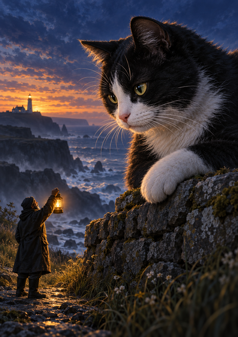 A giant black-and-white cat leans over a stone wall toward a small keeper raising a lantern, with surf and a distant lighthouse.