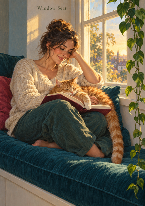 Adult woman in a cream sweater curled on a teal window seat, with an open book and ginger cat, beside a trailing vine and sunlit window.