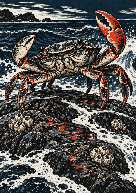 Large crab with raised claws on dark wave-washed rock, amid foamy surf and barnacles, in ink blue, shell white, and vermilion.