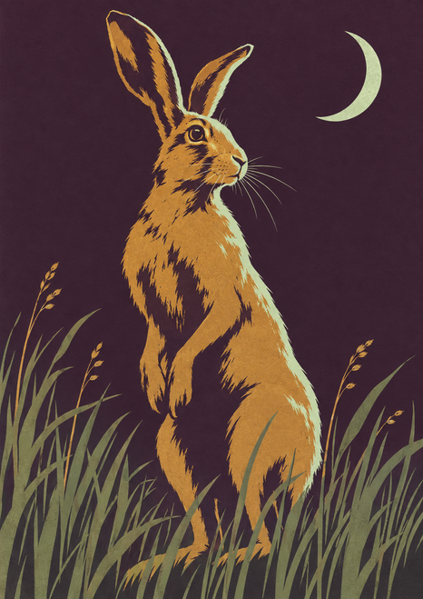 Golden hare sitting upright in tall grasses beneath a pale mint crescent moon on a deep plum background.