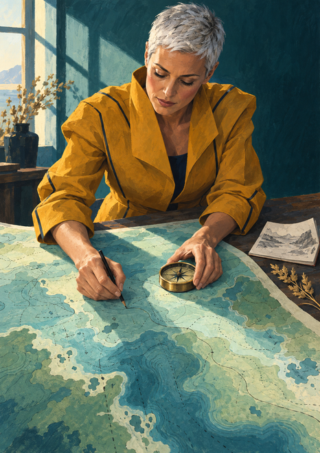 Silver-haired woman in a saffron jacket drawing on a blue-green map with a pencil and brass compass beside a window.