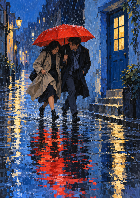 Two companions walk beneath a vivid red umbrella on a rainy blue street beside a blue doorway and stone steps, their reflections shimmering on wet pavement.