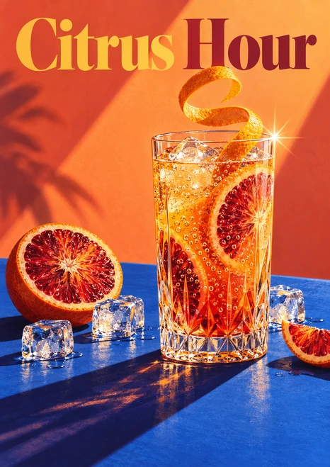 Faceted glass of sparkling citrus with curling orange peel, blood-orange slices, ice, and a star-like reflection against coral and cobalt.