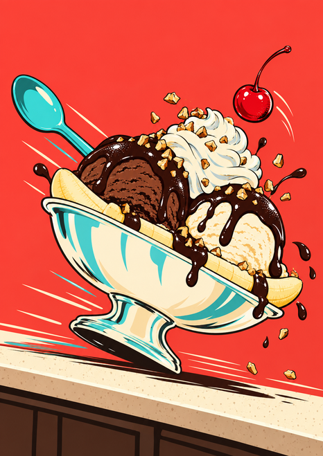 Tipped sundae dish with banana pieces, chocolate and vanilla scoops, whipped cream, airborne red cherry, and turquoise spoon on a coral background.